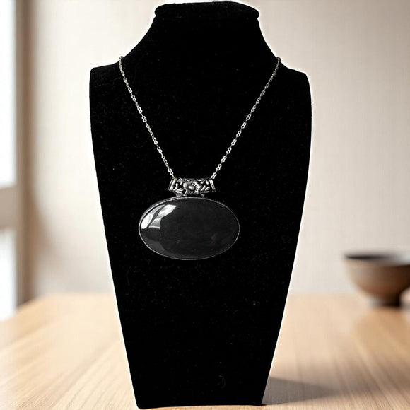 Black Obsidian Semi-Precious Gem 925 Silver Plated Artisan Pendant 2" NWT