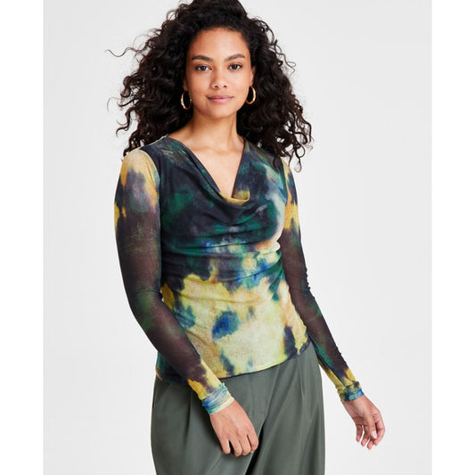 Bar III Petite Green Abstract Printed Long-Sleeve Cowlneck Mesh Top NWT