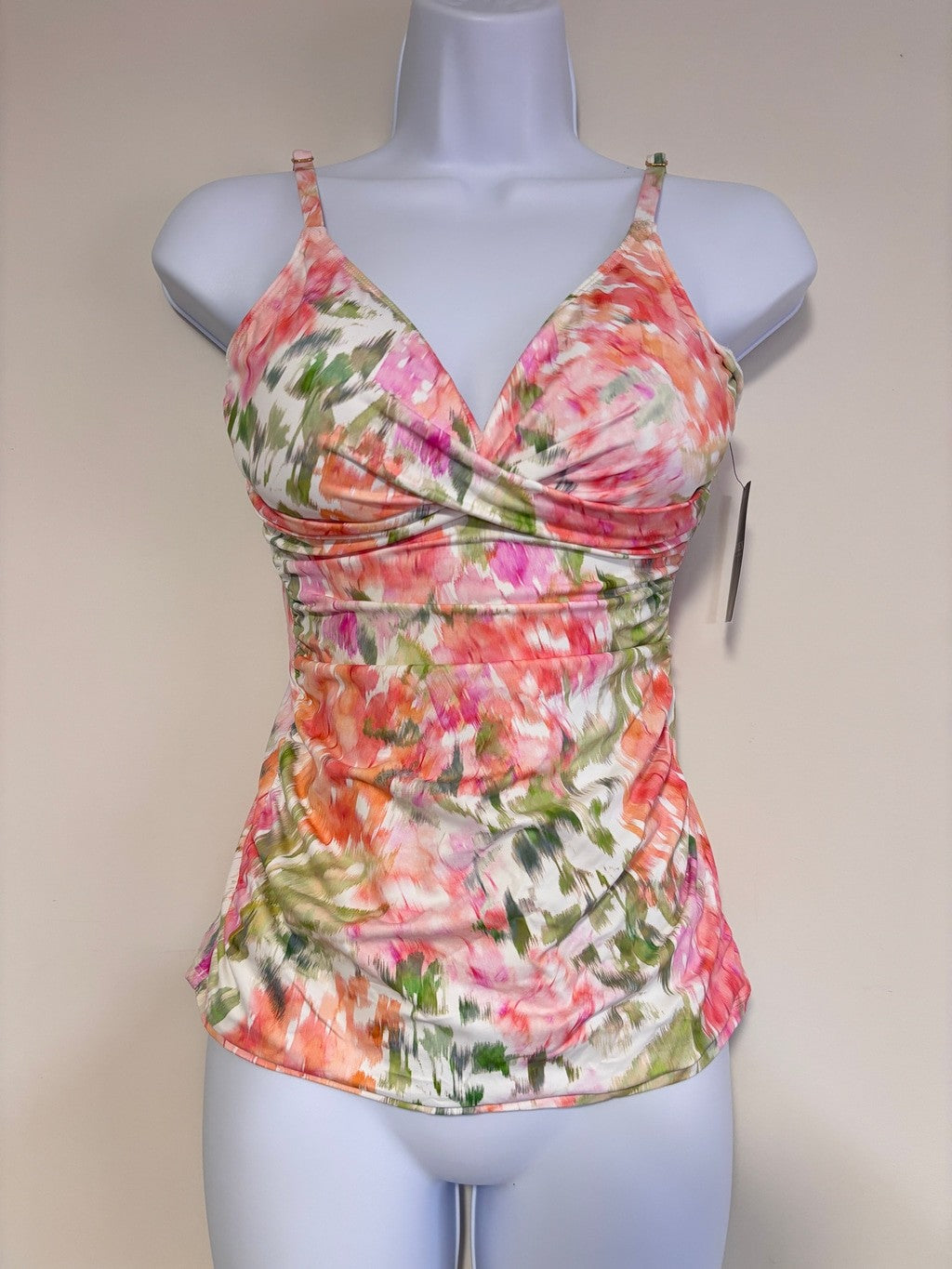 Ralph Lauren Size 6 Pink Floral Ruched Tankini Top w/ Built-In Bra NWT