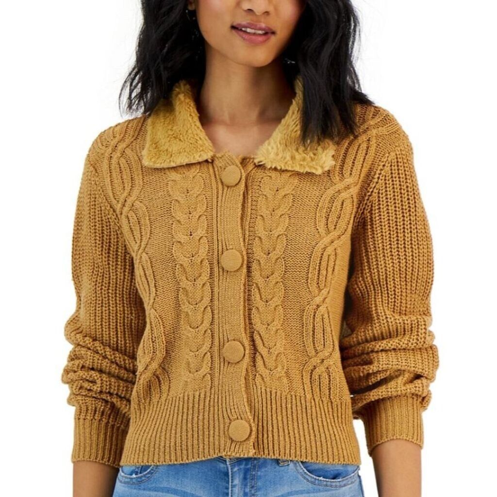 PLANET GOLD / PLANET HEART Juniors' M Cable-Knit Faux-Fur Collar Cardigan NWOT