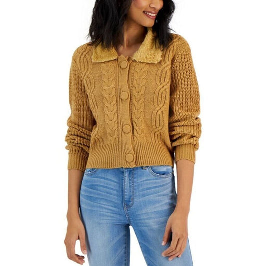 PLANET GOLD / PLANET HEART Juniors' M Cable-Knit Faux-Fur Collar Cardigan NWOT