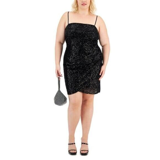 EMERALD SUNDAE Plus Size Black Sequin Ruched Mini Party Dress NWT