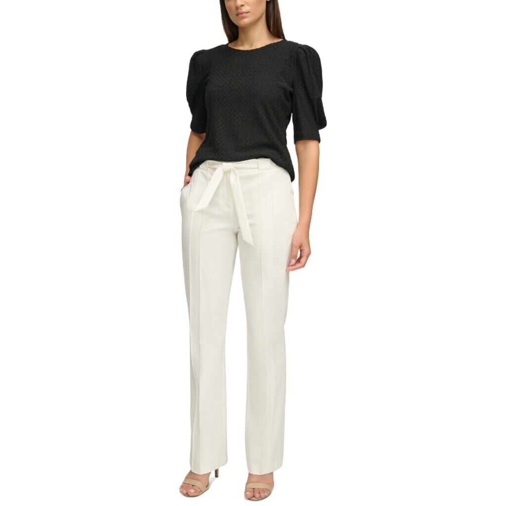 Donna Karan Women's Size 2 White Belted Seamed Slim Straight Trousers NWT