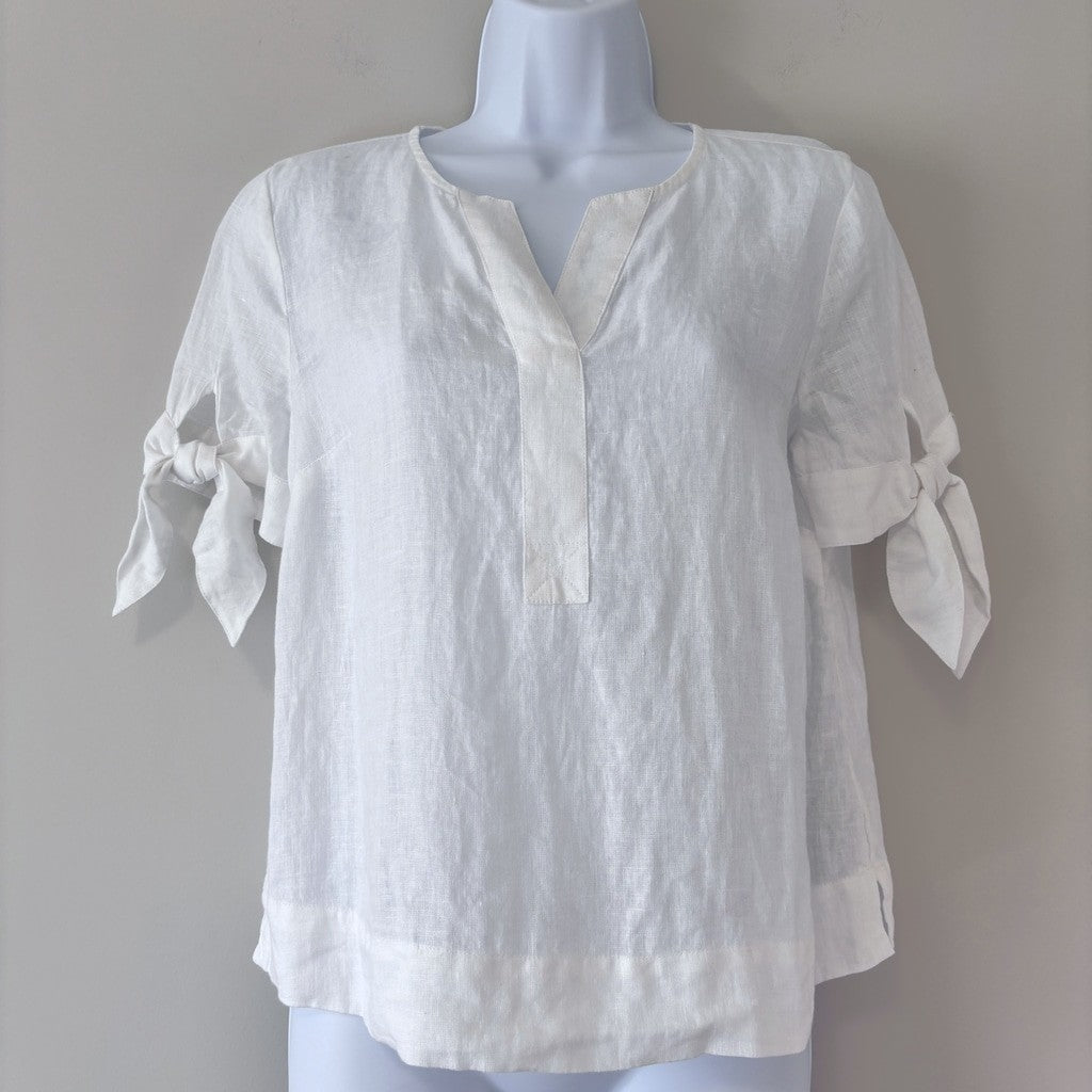 Charter Club Petite Medium White 100% Linen Split-Neck Short Sleeve Top NWT
