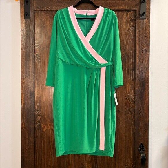 KASPER Green and Pink Colorblocked Faux-Wrap Sheath Dress NWT