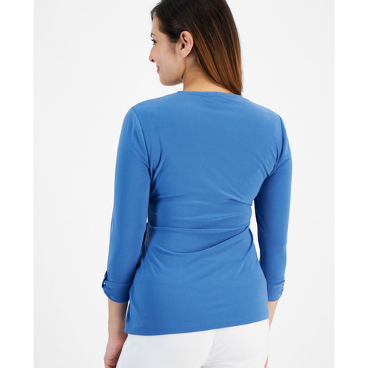 Jones New York Women's Petite Light Blue D-Ring 3/4-Sleeve Top NWT