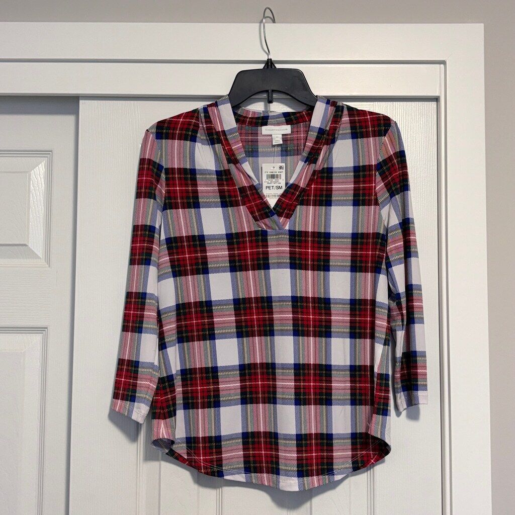 Charter Club Women's Small Petite Colorful Plaid Pleated-Neck 3/4-Sleeve Top NWT