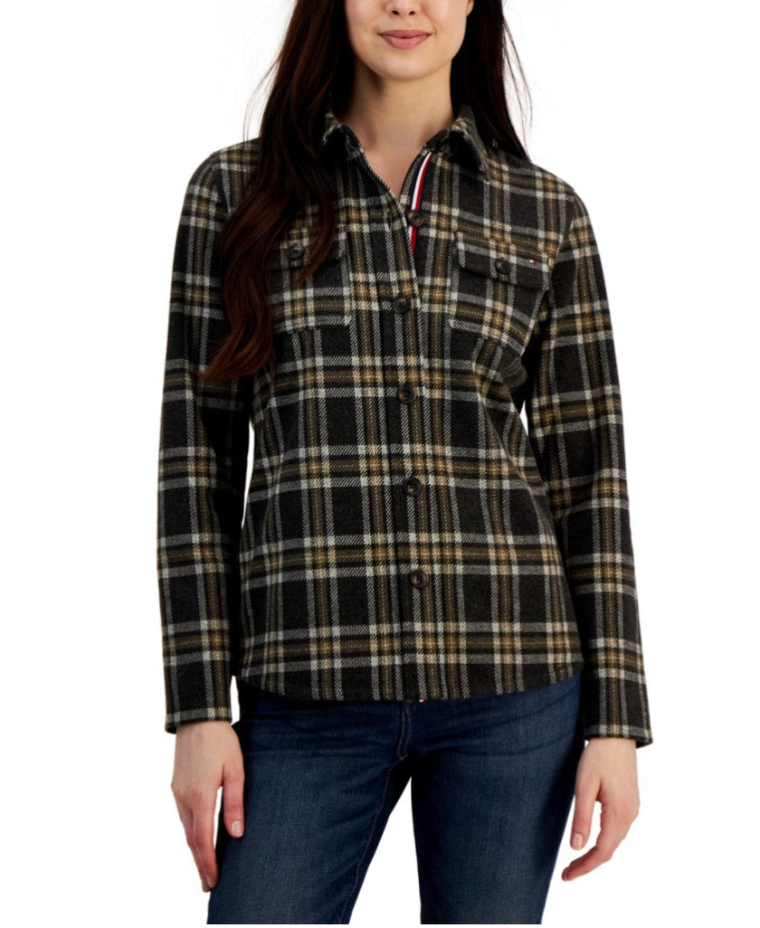 Tommy Hilfiger Women's Large Collared Dark Hillside Plaid Shirt Jacket NWT