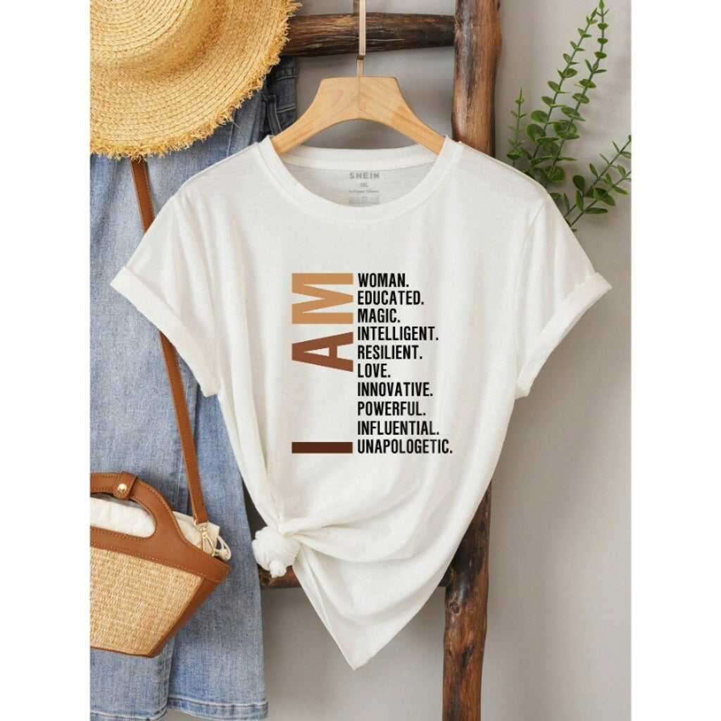 SHEIN Women's White "I AM" Slogan Graphic Casual Top Short Sleeve T-Shirt NIB