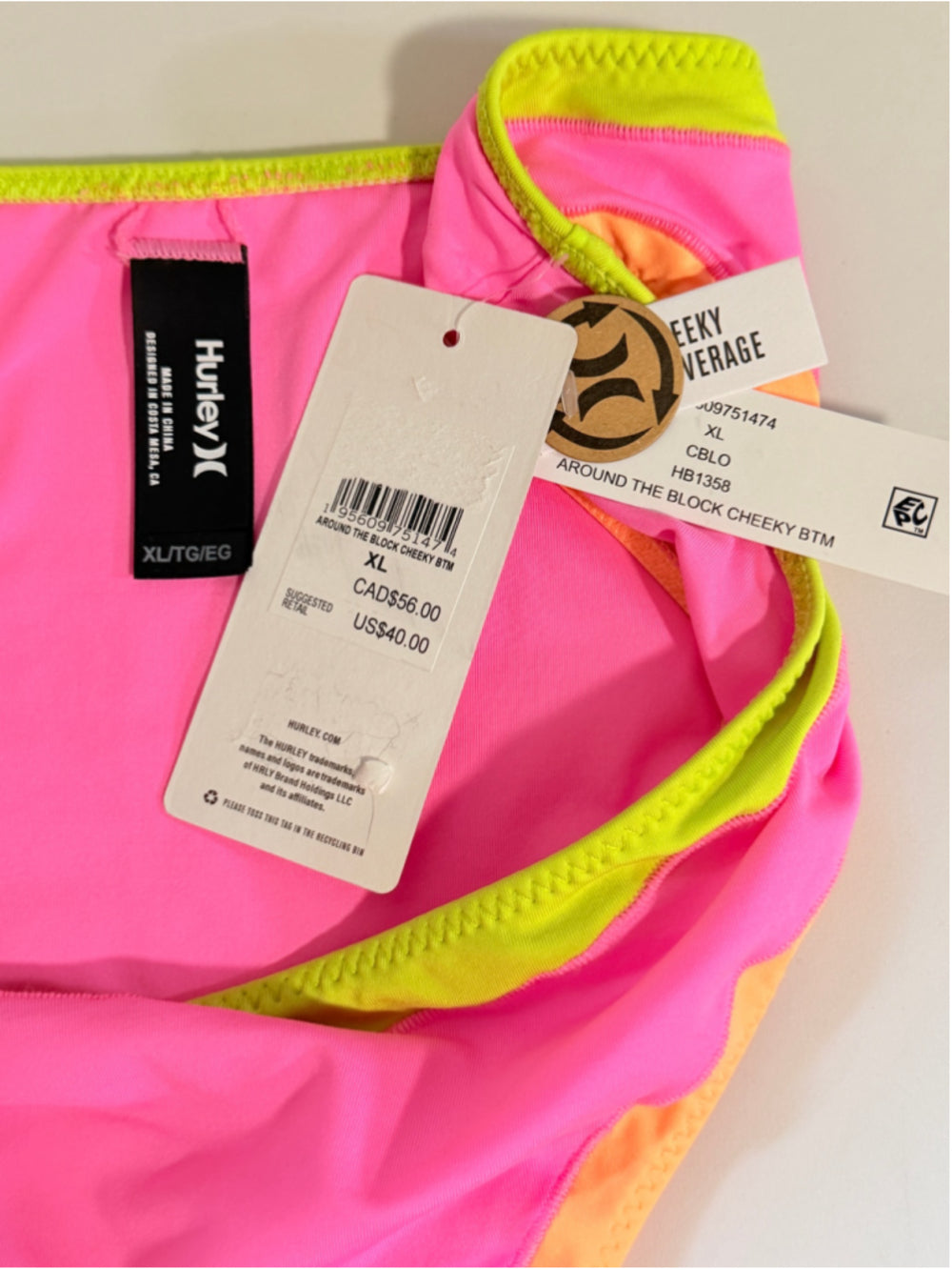 Hurley Size Extra Large Colorblock Neon Pink Cheeky Bikini Bottoms NWT