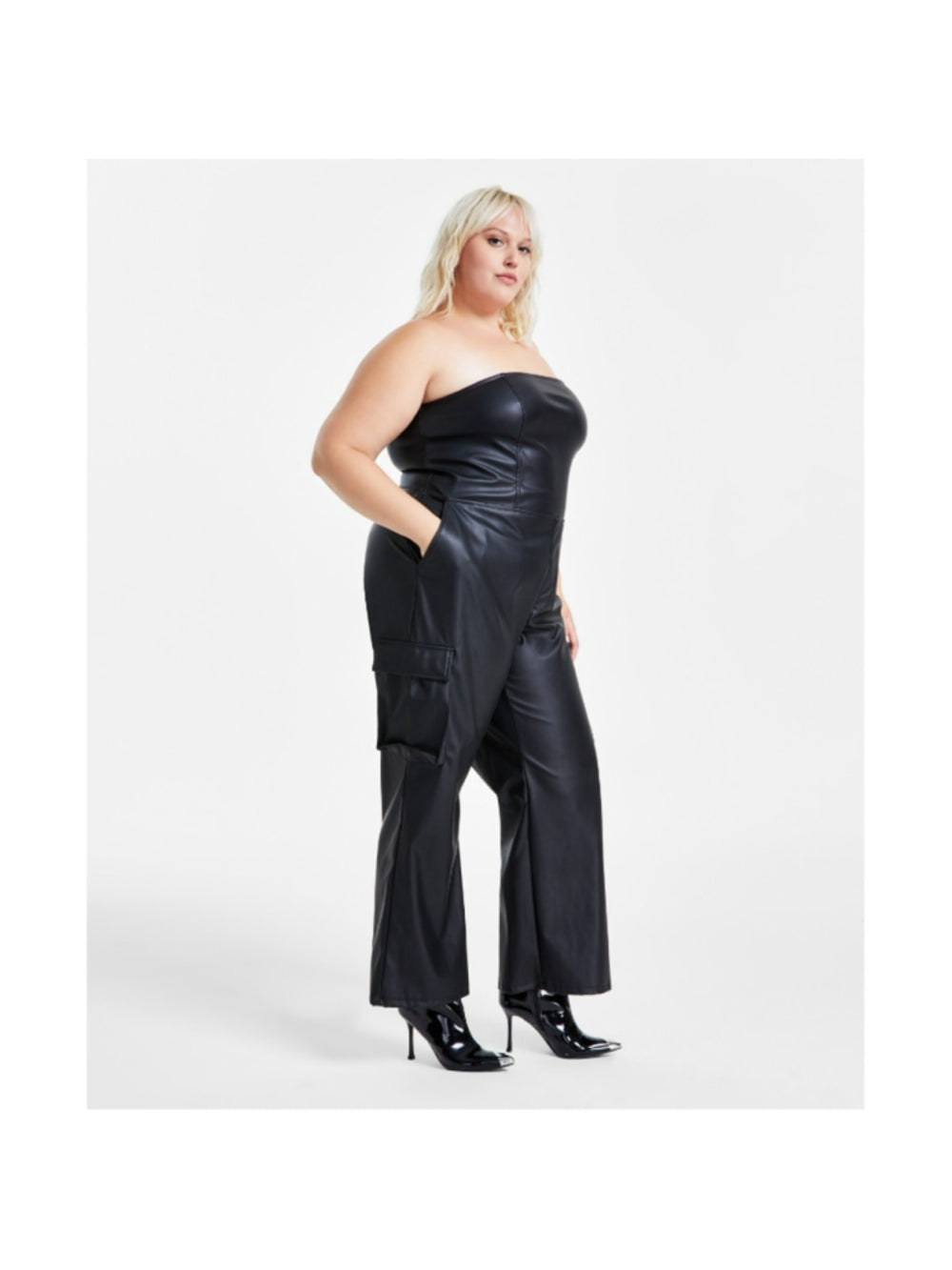 Bar III Women's Plus Size 14W Black Strapless Faux-Leather Jumpsuit NWT