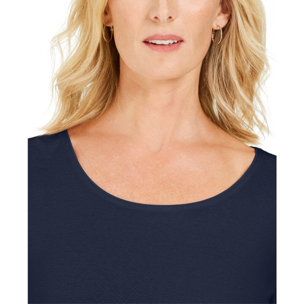 Karen Scott Petite Navy Blue 3/4 Sleeve 100% Cotton Scoop-Neck Top NWT