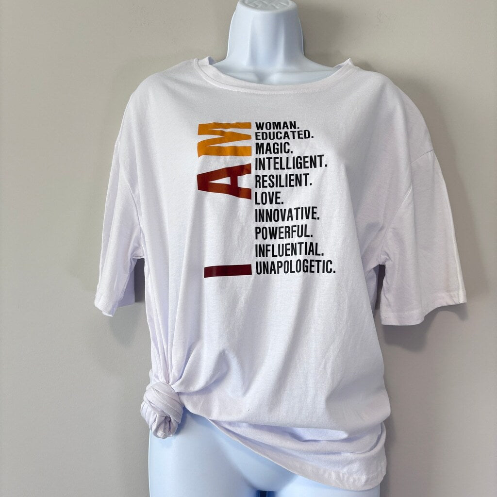 SHEIN Women's White "I AM" Slogan Graphic Casual Top Short Sleeve T-Shirt NIB