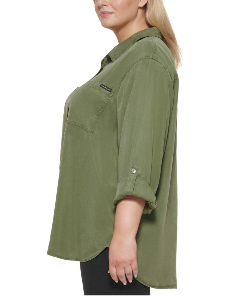 Calvin Klein Jeans Plus Size 2X Olive Green Button-Down Utility Shirt NWT