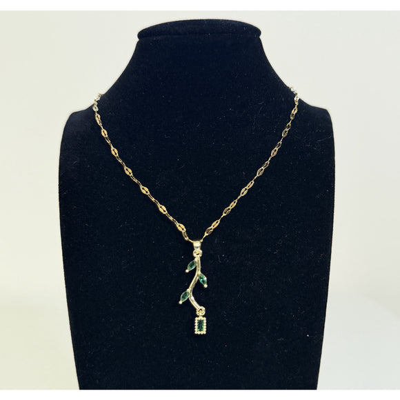 Gold and Green Green Leaf Drop Pendant Necklace - Cubic Zirconia Stones NWT