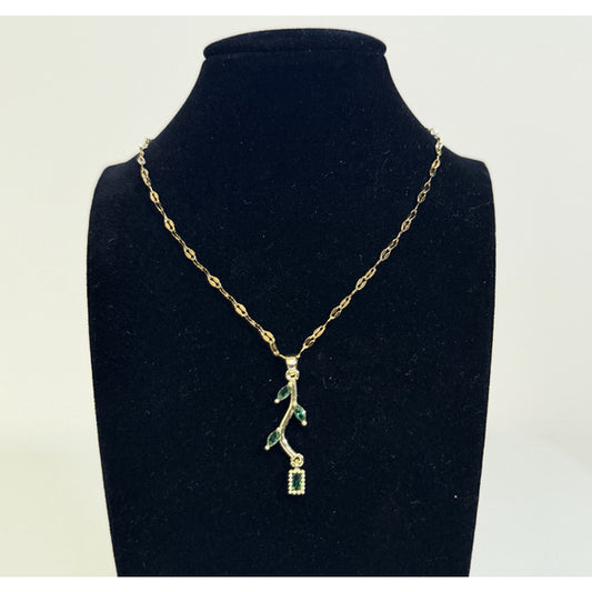 Gold and Green Green Leaf Drop Pendant Necklace - Cubic Zirconia Stones NWT