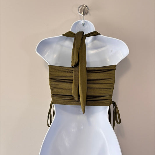 SHEIN Women's Medium Olive Green Crop Top Ruched Side Tie Halter Tank Top NIB