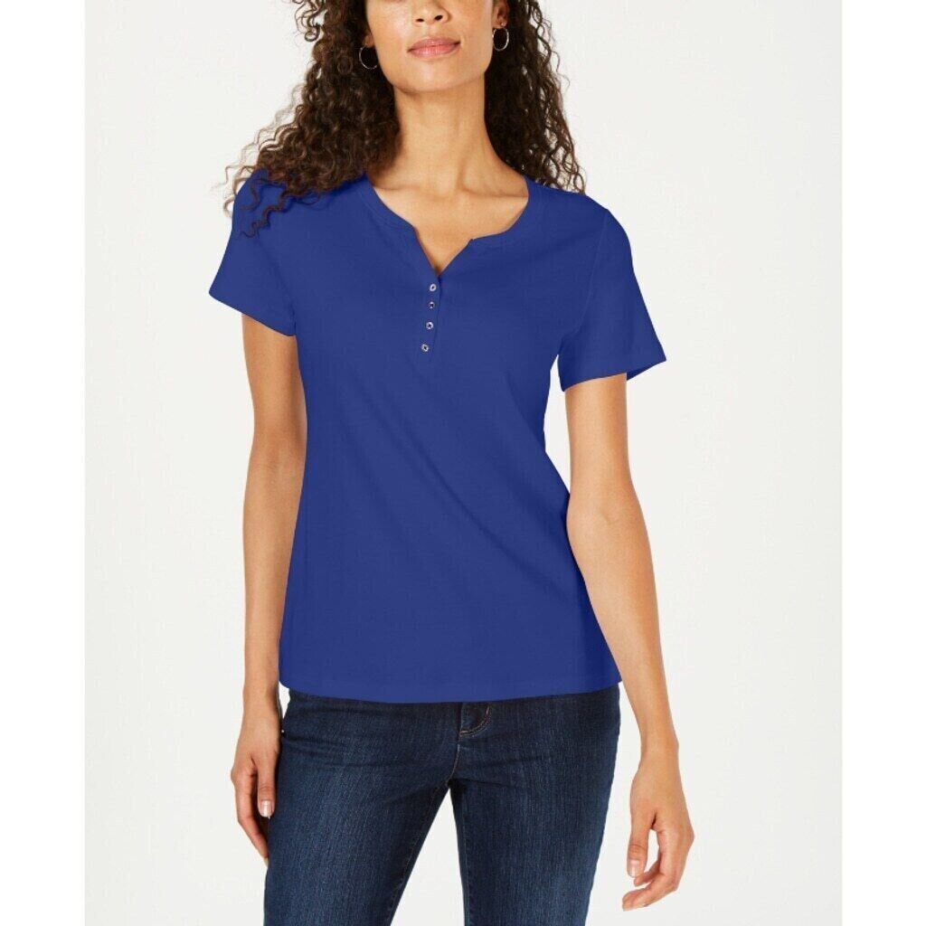 Karen Scott Women's Petite Bright Blue 100% Cotton Henley Top NWT