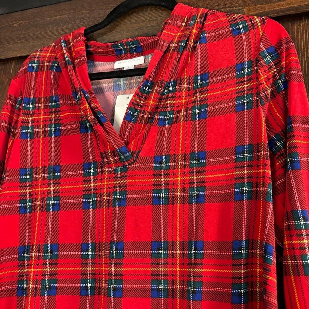 Charter Club Women's Red Traditional Plaid Pleated V-Neck Top NWT