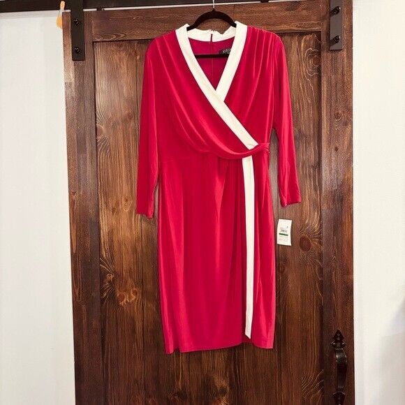 Kasper Sheath Dress Long Sleeve Color Block Faux Wrap Mid-Length Red & White NWT