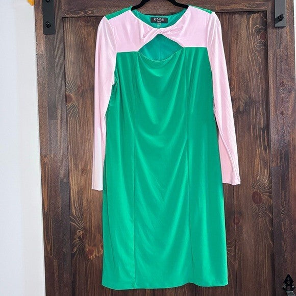 KASPER Women's Green and Pink Colorblock Knot-Neck Bodycon Dress NWT