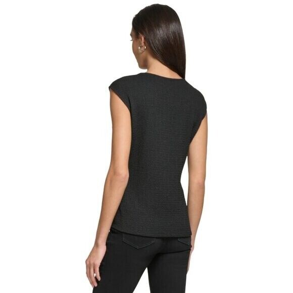 CALVIN KLEIN Black Cap Sleeve Pleated V-Bodice Textured Blouse NWT