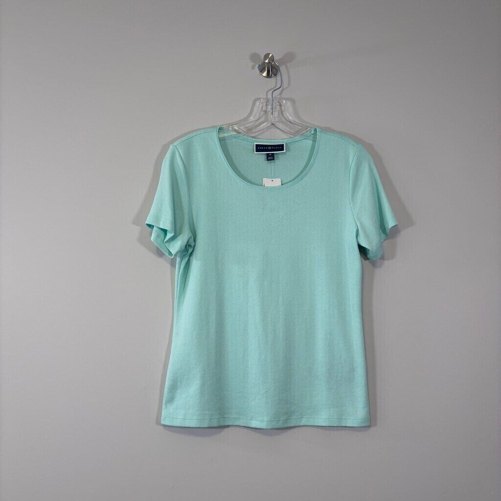 Karen Scott Women's Petite Aqua Colored 100% Cotton Scoop Neck Top NWT