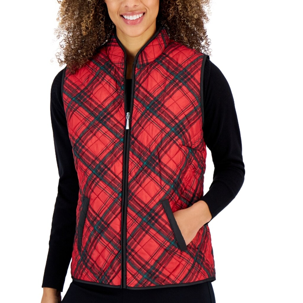 Karen Scott Petite Petite Red, Green & Black Plaid Quilted Puffer Vest NWT