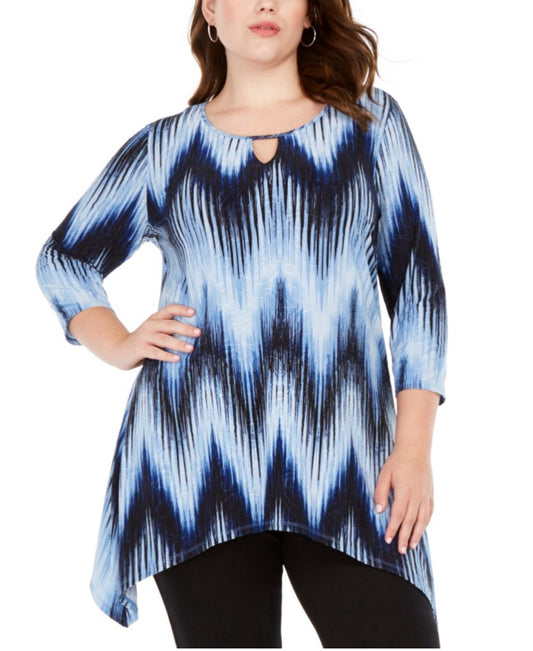 NY Collection Plus Size 3X Blue, White & Black Printed Handkerchief-Hem Top NWT