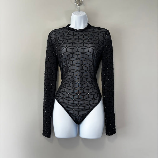 SHEIN Women's Medium Black & Silver Sparkle Long Sleeved Sheer Bodysuit NIB