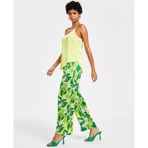 Bar III Women's XL Floral-Print Bright Green High-Rise Pull-On Satin Pants NWT