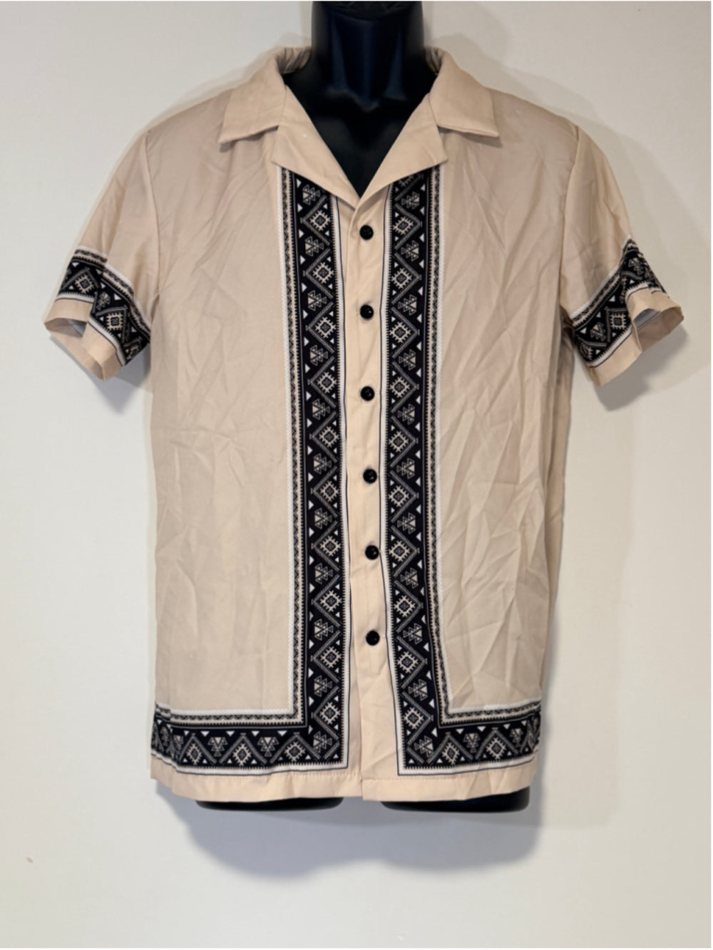 Shein Men's Size Small Beige and Black Button-Down Shirt with Tribal Print NWT