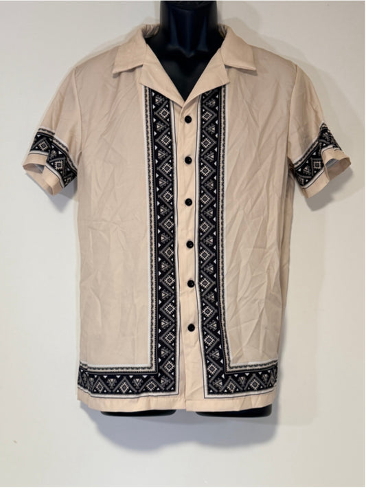 Shein Men's Size Small Beige and Black Button-Down Shirt with Tribal Print NWT
