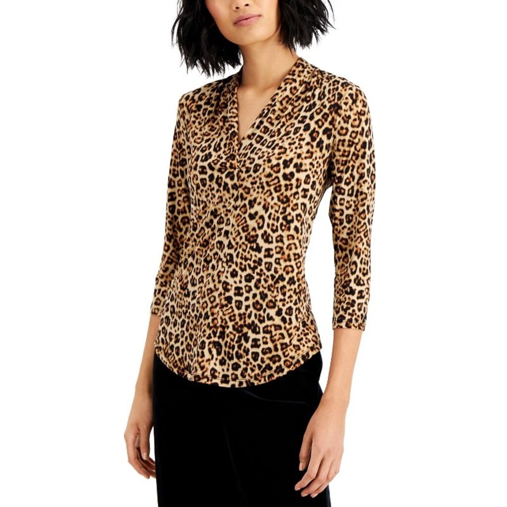 Charter Club Women's Size Large Leopard-Print V-Neck Jersey Top NWT