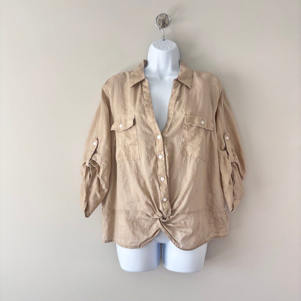 INC International Concepts Women's XL Beige Linen Twist-Hem Blouse NWT