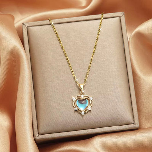 Blue Colour Shifting Heart Pendant Gold Necklace with Crystal Accents NWT