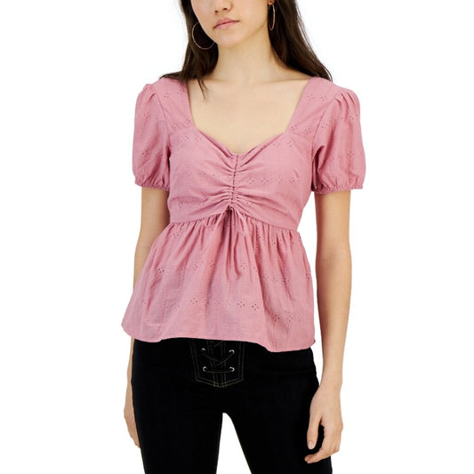 Planet Gold Juniors' XL Pink 100% Cotton Eyelet Puff-Sleeve Peplum Top NWOT.