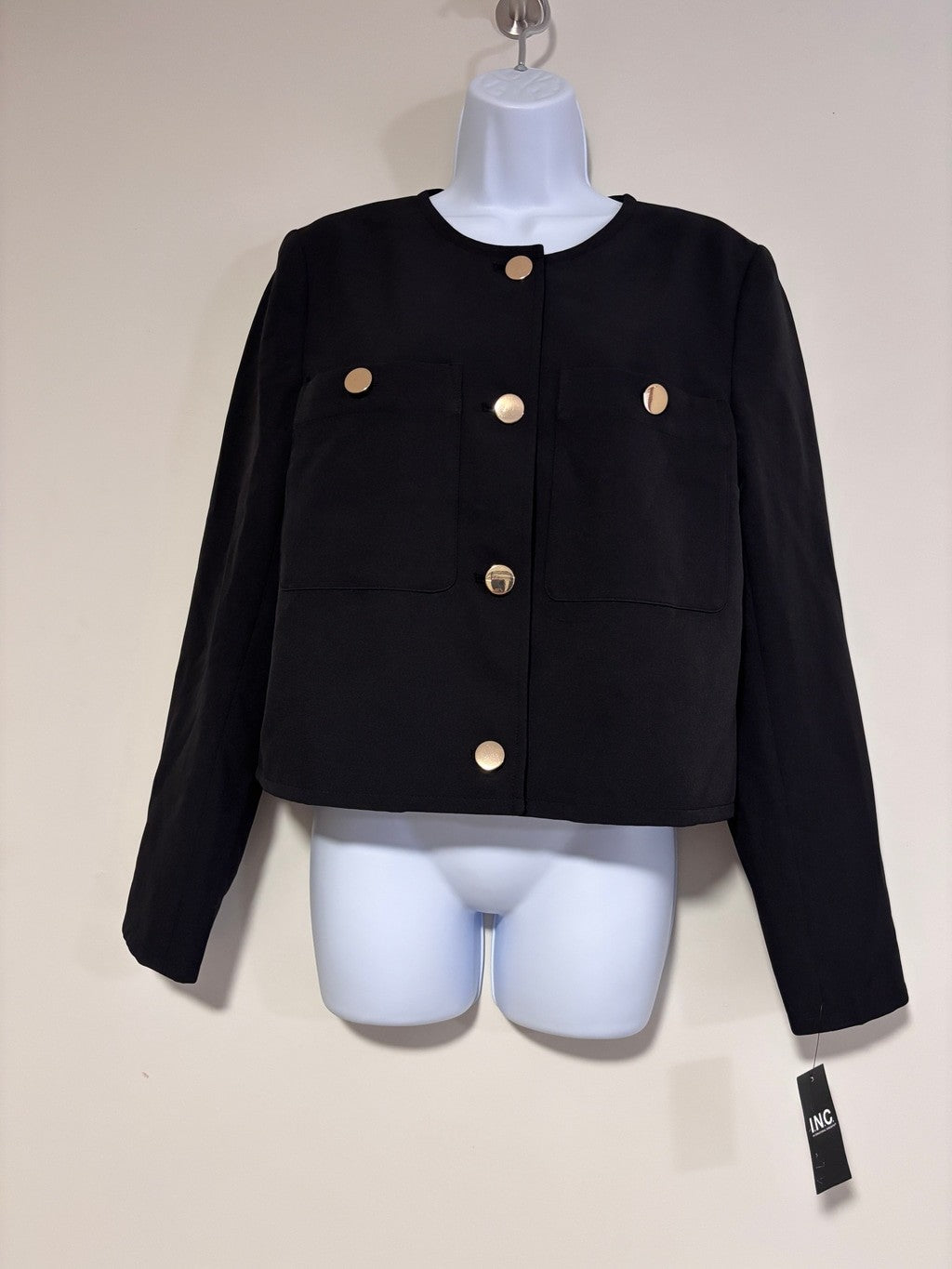 INC International Concepts Medium Black Gold Button Cropped Jacket NWT