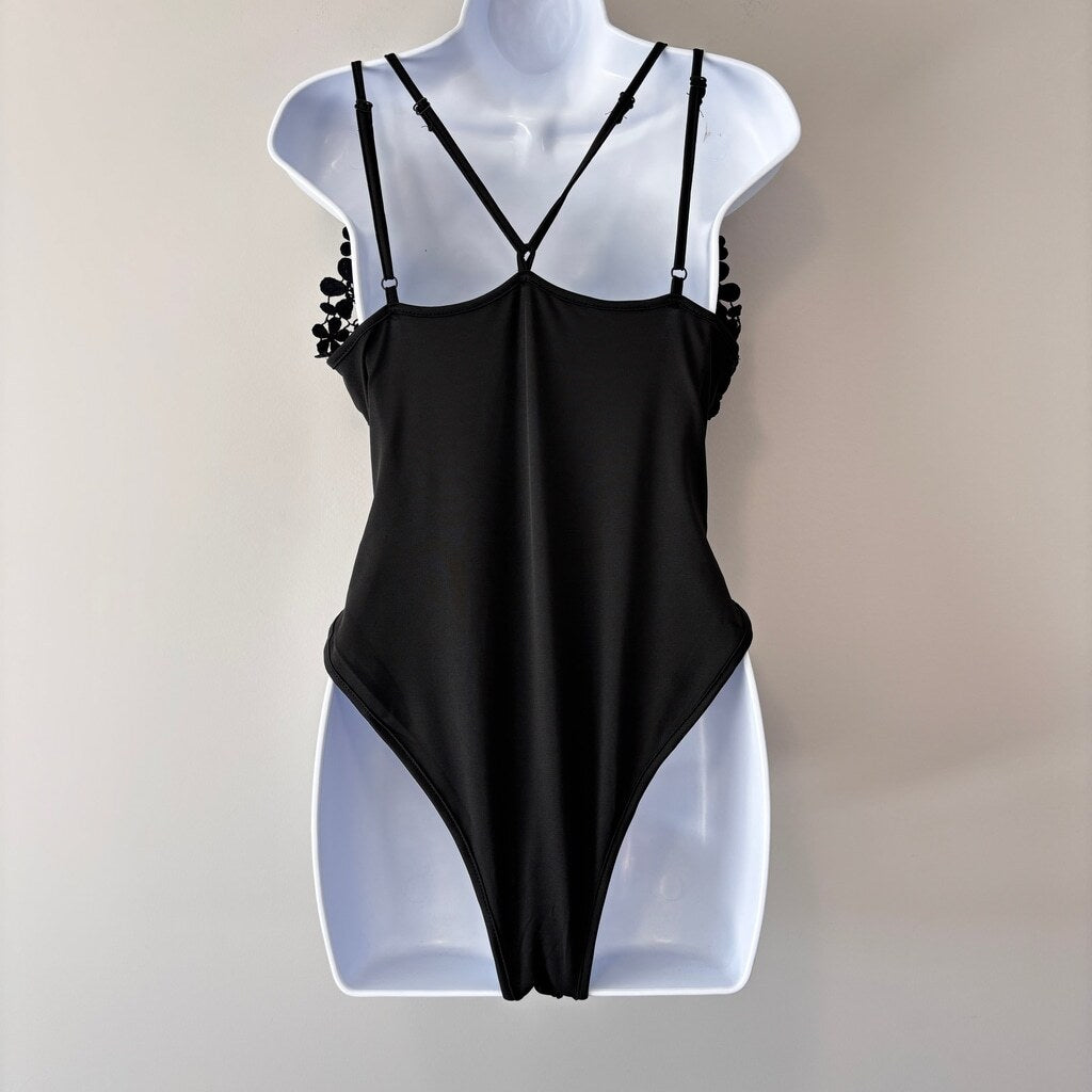 SHEIN Women's Medium Black Floral Bodysuit Tank Top Sleeveless One-Piece NIB