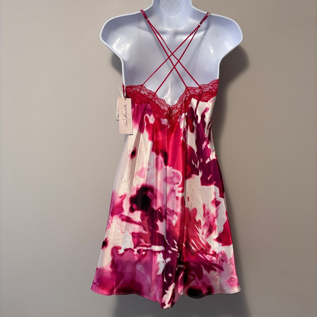 Linea Donatella Women's Small Red & Pink Floral Printed Satin Chemise NWT