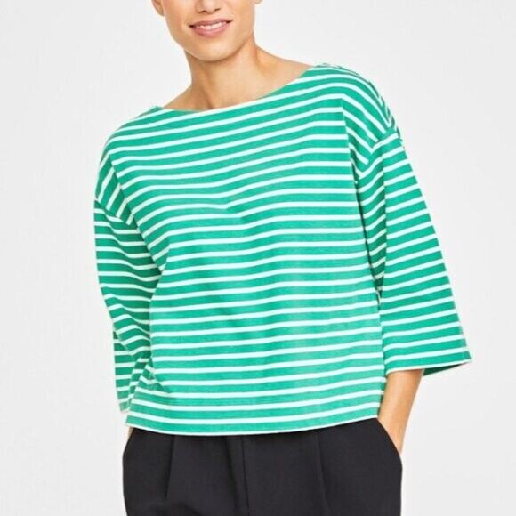 On 34th Plus Size Heavyweight Cotton Striped Boat-Neck 3/4 Sleeve Top NWT