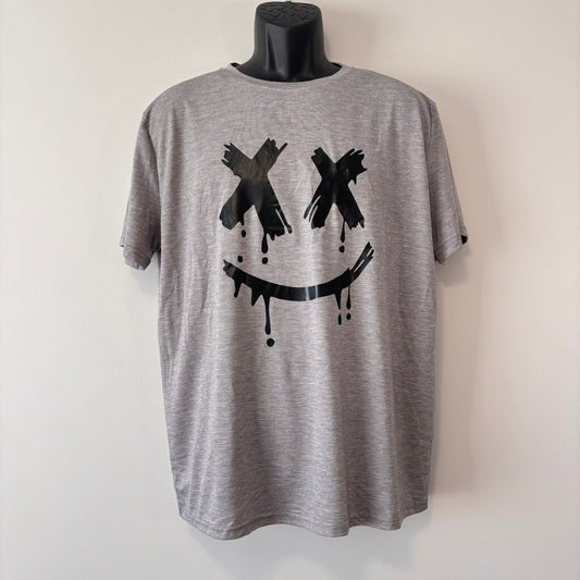 SHEIN Men's Large Gray T-Shirt Cross Eyes Smiley Face Graphic Casual Tee Top NIB