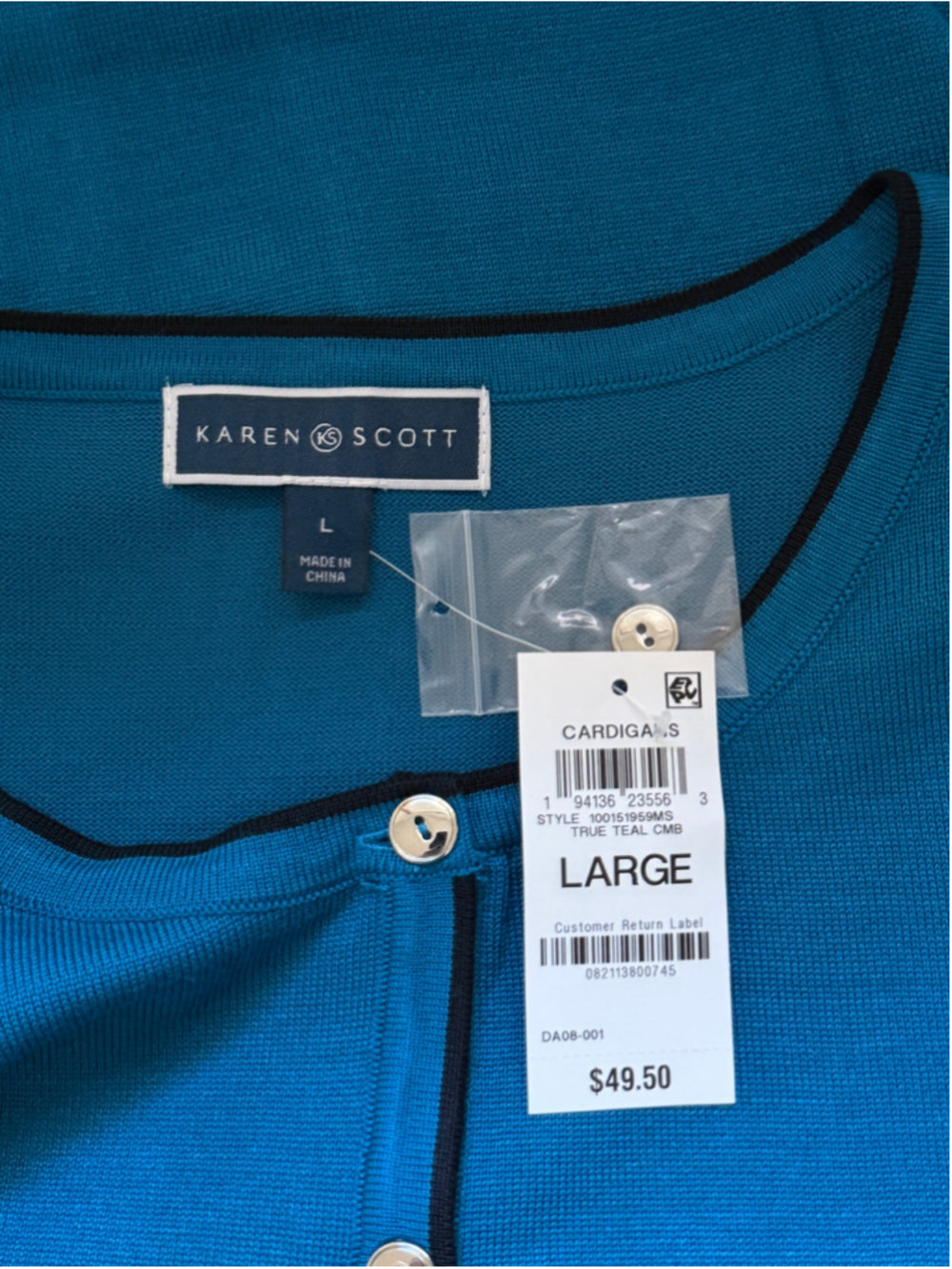 Karen Scott Size Large Blue Teal w/ Black Trim Button Front Cardigan Sweater NWT