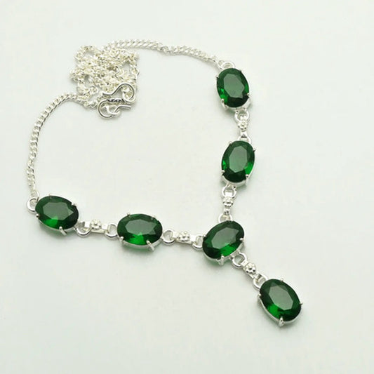 925 Silver Plated Green Quartz Statement Necklace Drop Pendant Handmade NWT