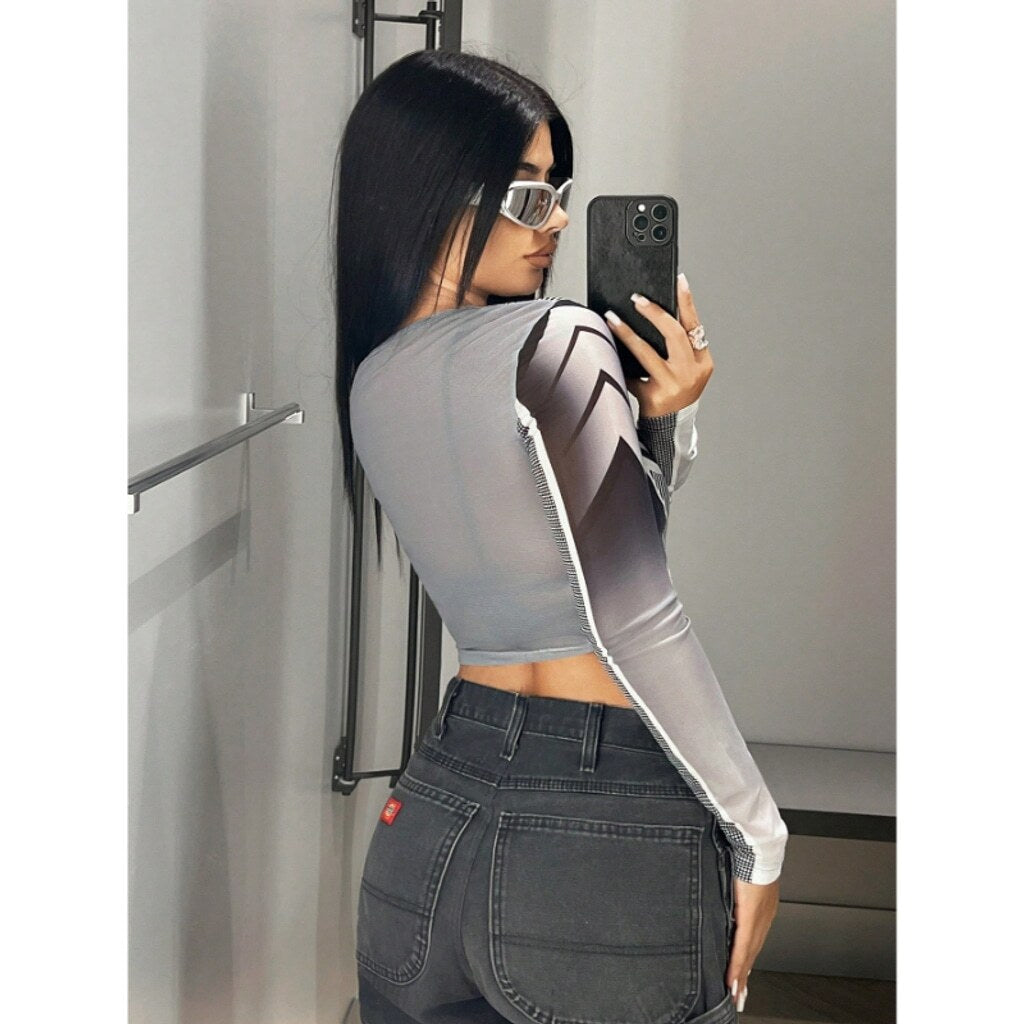 SHEIN ICON Women's Size S Gray Cyber Graphic Print Casual Sheer Crop Top NIB