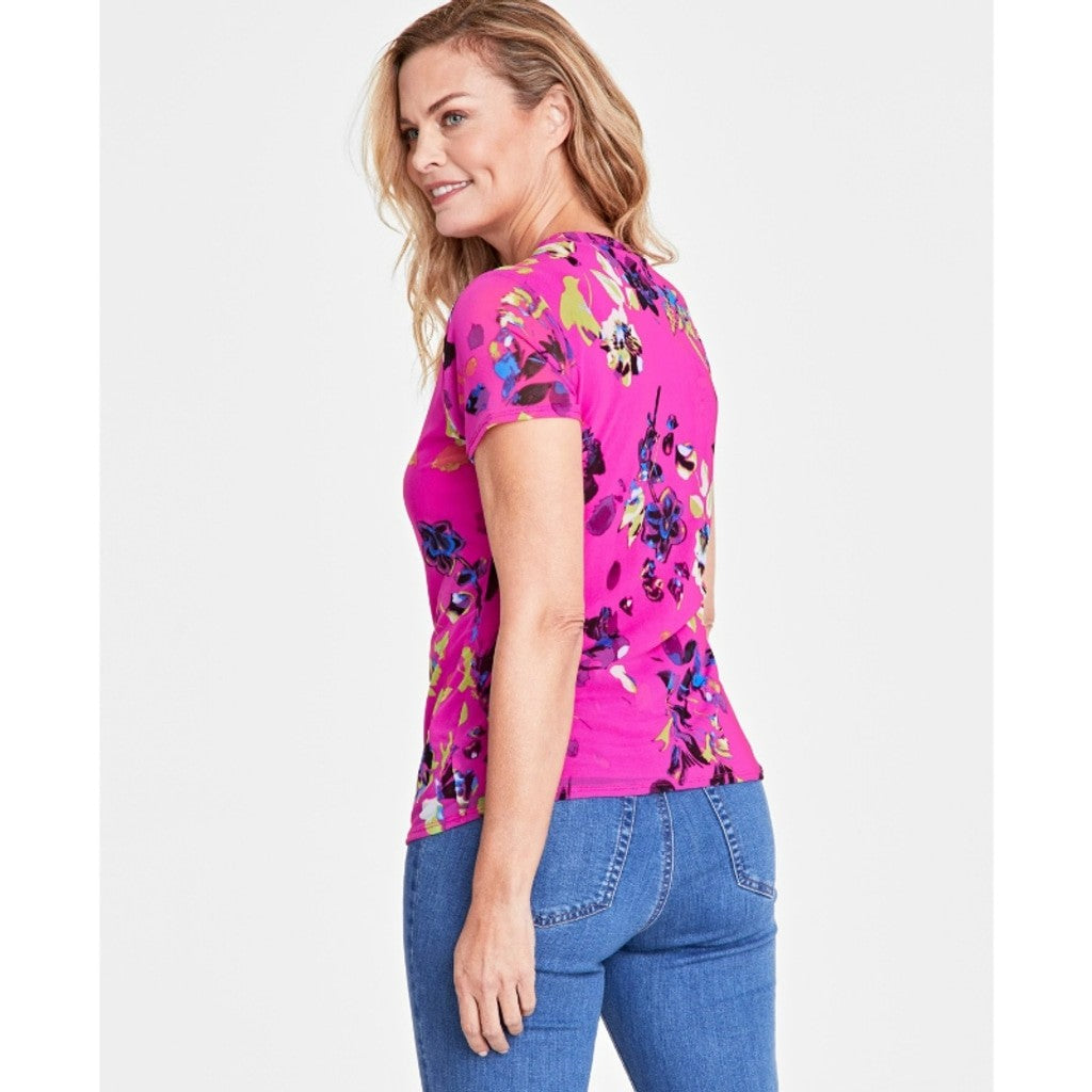 INC International Concepts Size XL Pink Printed Mesh Crewneck Top NWT