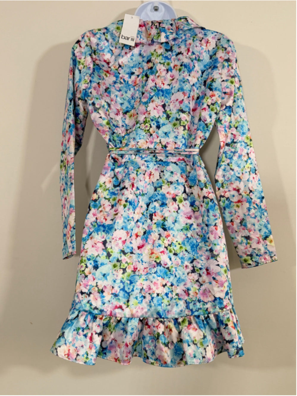 Bar III Women's XSP Blue Floral Ruffled V-Neck Long-Sleeve Wrap Dress NWT