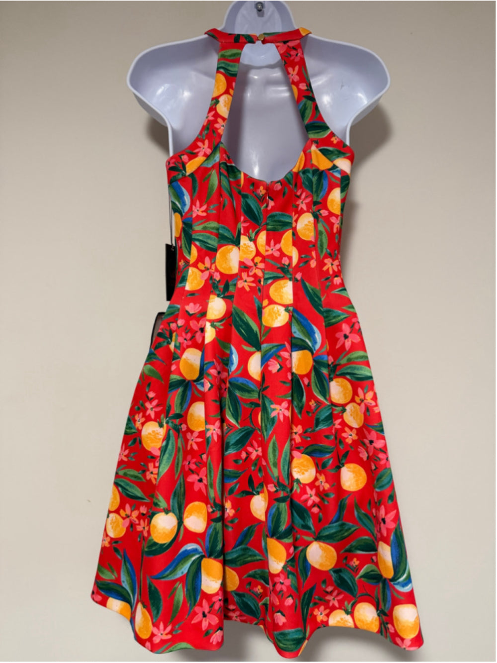 Vince Camuto Size 4 Citrus Print Red Scuba Crepe Halter Sleeveless Dress NWT