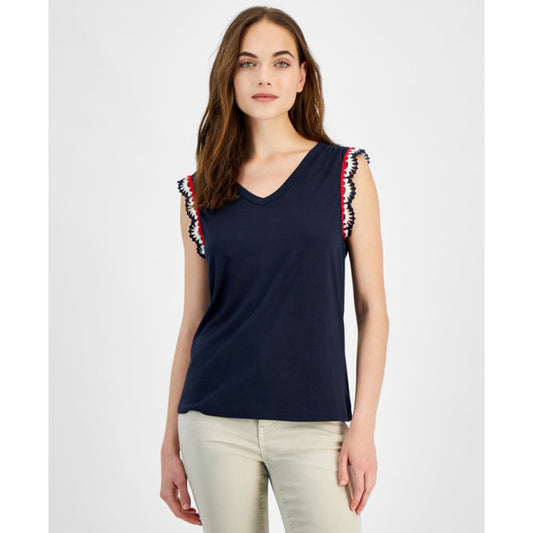 Nautica Jeans Women's Extra Small Navy Blue Crochet-Trim Tank Top NWT