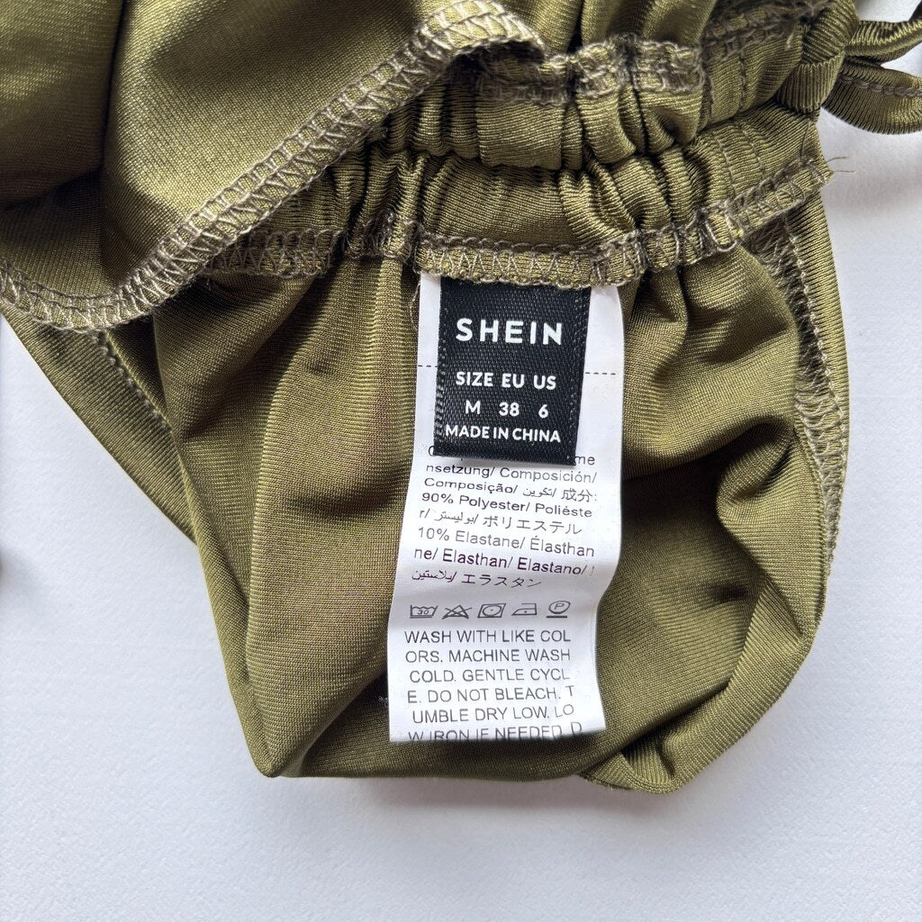 SHEIN Women's Medium Olive Green Crop Top Ruched Side Tie Halter Tank Top NIB
